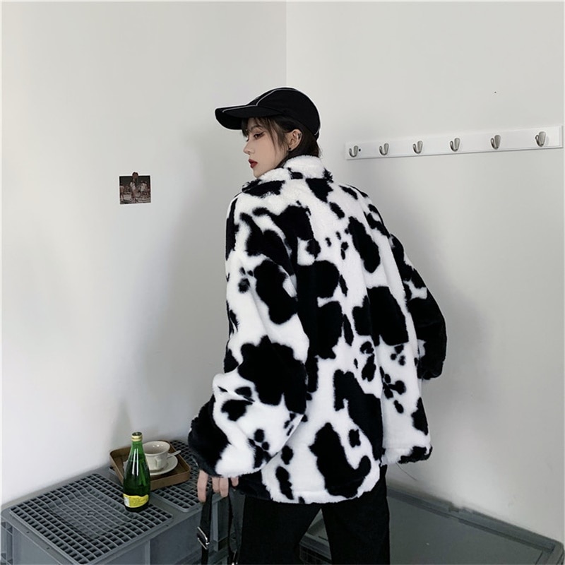 Korean Winter New Fashion Coat Harajuku Cows Printing Loose Full Sleeve Leather Jacket Vintage Flannel Keep 5 - The Cow Print