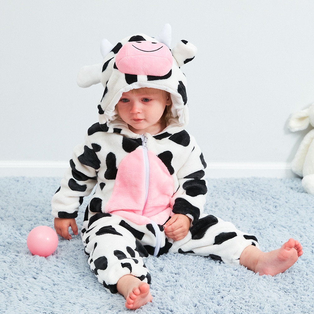 Winter New Born Baby Clothes Romper Baby Jumpsuit Animal Hooded Pajamas Cow Panda Costume Boys Girls - The Cow Print