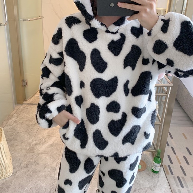 Japan Anime Pajama Set For Women Super Kawaii Milk Cow Print Fleece Pyjama Thick Winter Warm Hoody Sleepwear Cute Home Clothes