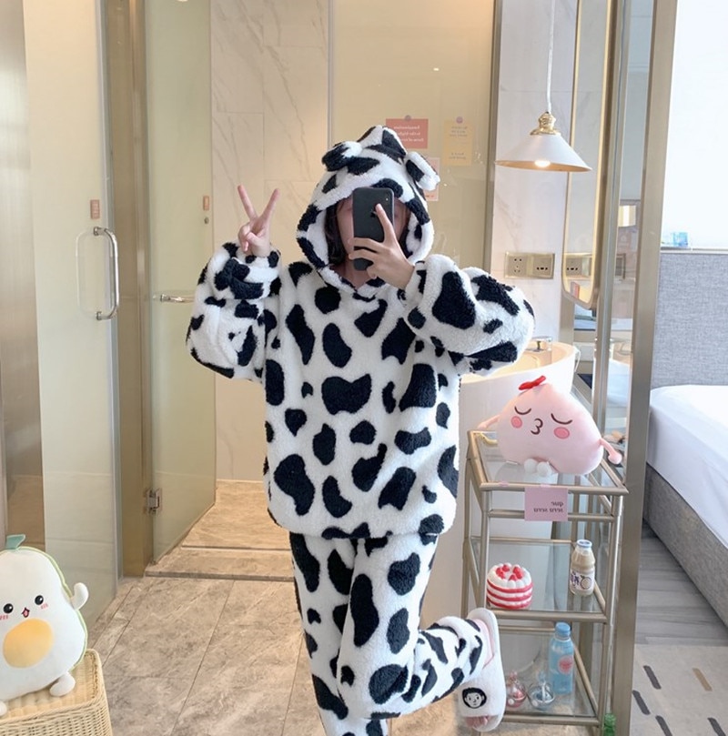 Japan Anime Pajama Set For Women Super Kawaii Milk Cow Print Fleece Pyjama Thick Winter Warm Hoody Sleepwear Cute Home Clothes