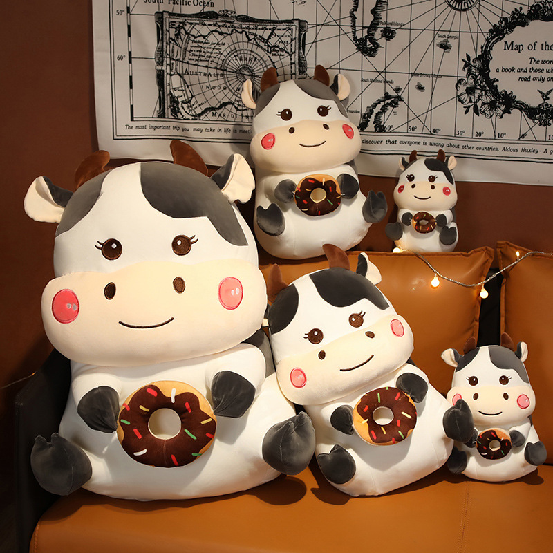 25-55cm Lovely Milk Cow Plush Toys Cartoon Plush Cattle With Donuts Pillow Kawaii Dolls Nice Birthday Xmas Gift for Children