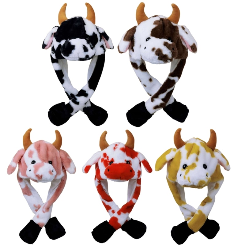 Adult Kids Light Up Plush Animal Hat with Moving Jumping Ears Multicolor Cartoon Milk Cow LED - The Cow Print