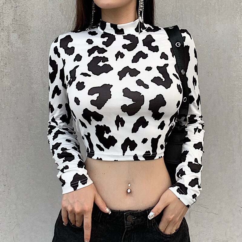 Milk Cow Print T Shirt Women Harajuku Skinny Slim Stand Collar Long Sleeve Sexy White Crop 1 - The Cow Print