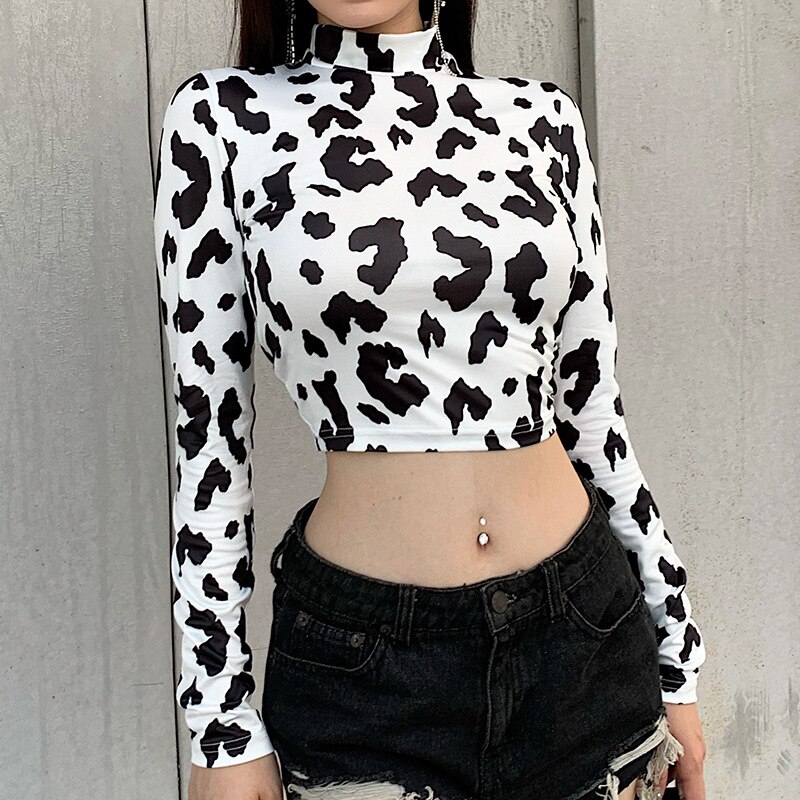 Milk Cow Print T Shirt Women Harajuku Skinny Slim Stand Collar Long Sleeve Sexy White Crop 2 - The Cow Print