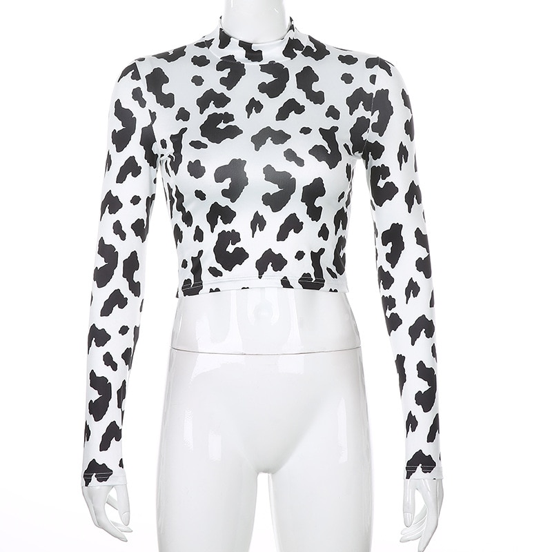 Milk Cow Print T Shirt Women Harajuku Skinny Slim Stand Collar Long Sleeve Sexy White Crop 5 - The Cow Print