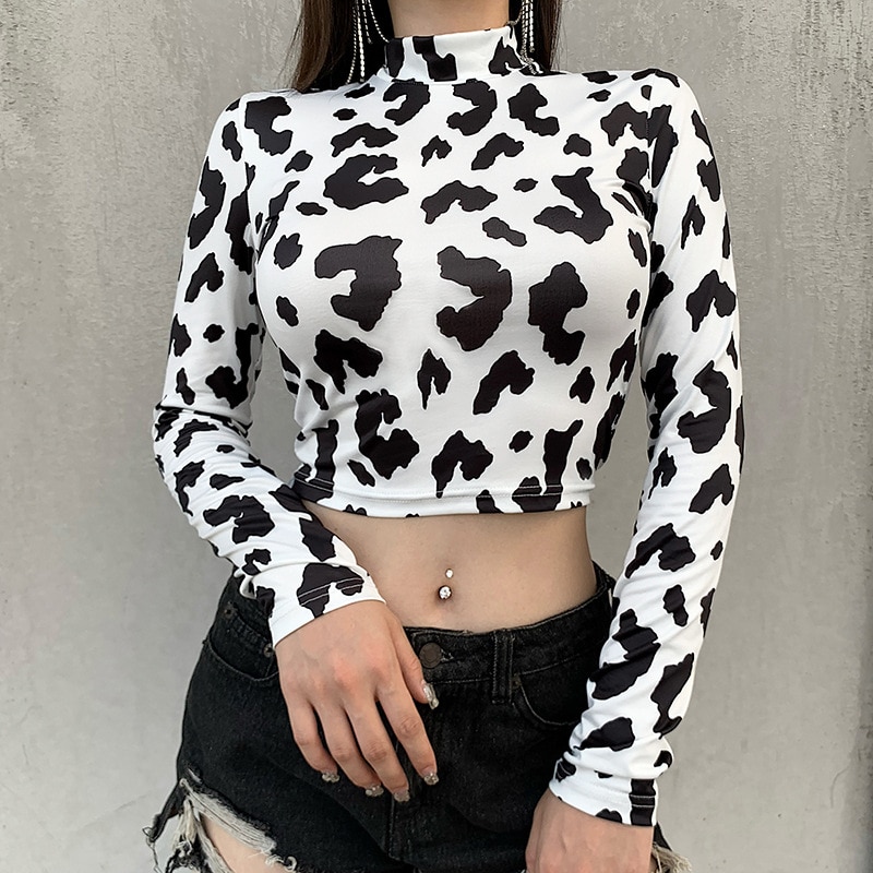 Milk Cow Print T Shirt Women Harajuku Skinny Slim Stand Collar Long Sleeve Sexy White Crop - The Cow Print