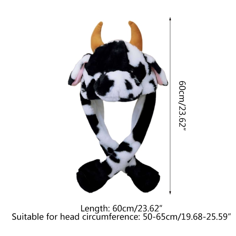 Adult Kids Light Up Plush Animal Hat with Moving Jumping Ears Multicolor Cartoon Milk Cow LED Glowing Earflap Cap Stuffed
