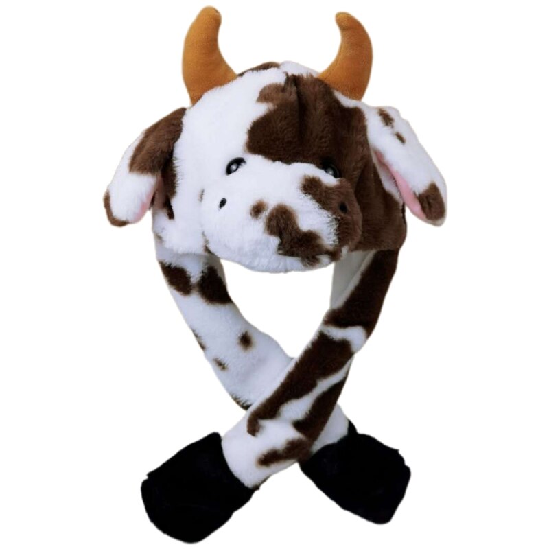 Adult Kids Light Up Plush Animal Hat with Moving Jumping Ears Multicolor Cartoon Milk Cow LED Glowing Earflap Cap Stuffed