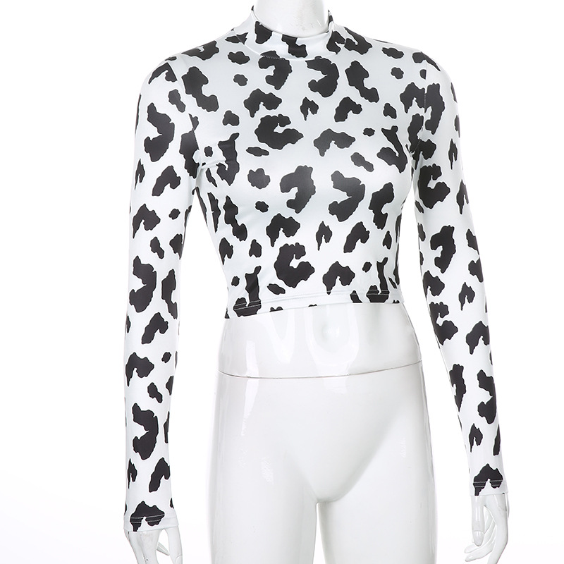 Milk Cow Print T Shirt Women Harajuku Skinny Slim Stand Collar Long Sleeve Sexy White Crop Top Tee Female Fashion Clothes