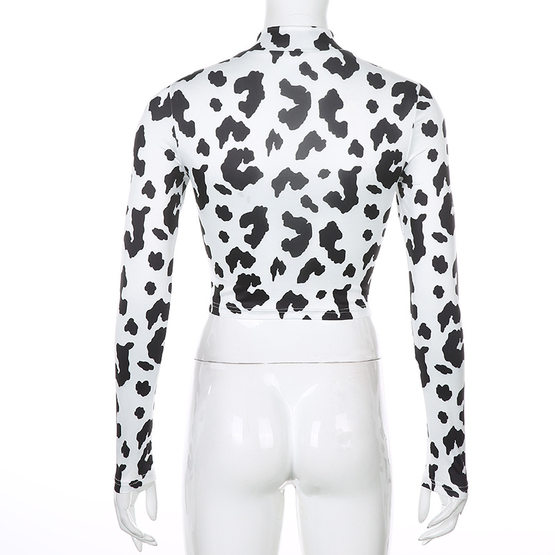 Milk Cow Print T Shirt Women Harajuku Skinny Slim Stand Collar Long Sleeve Sexy White Crop Top Tee Female Fashion Clothes